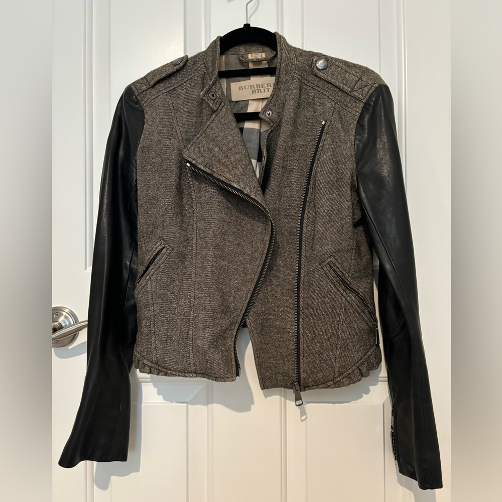 Burberry Brit Wool and Leather Biker Jacket, Size US 4